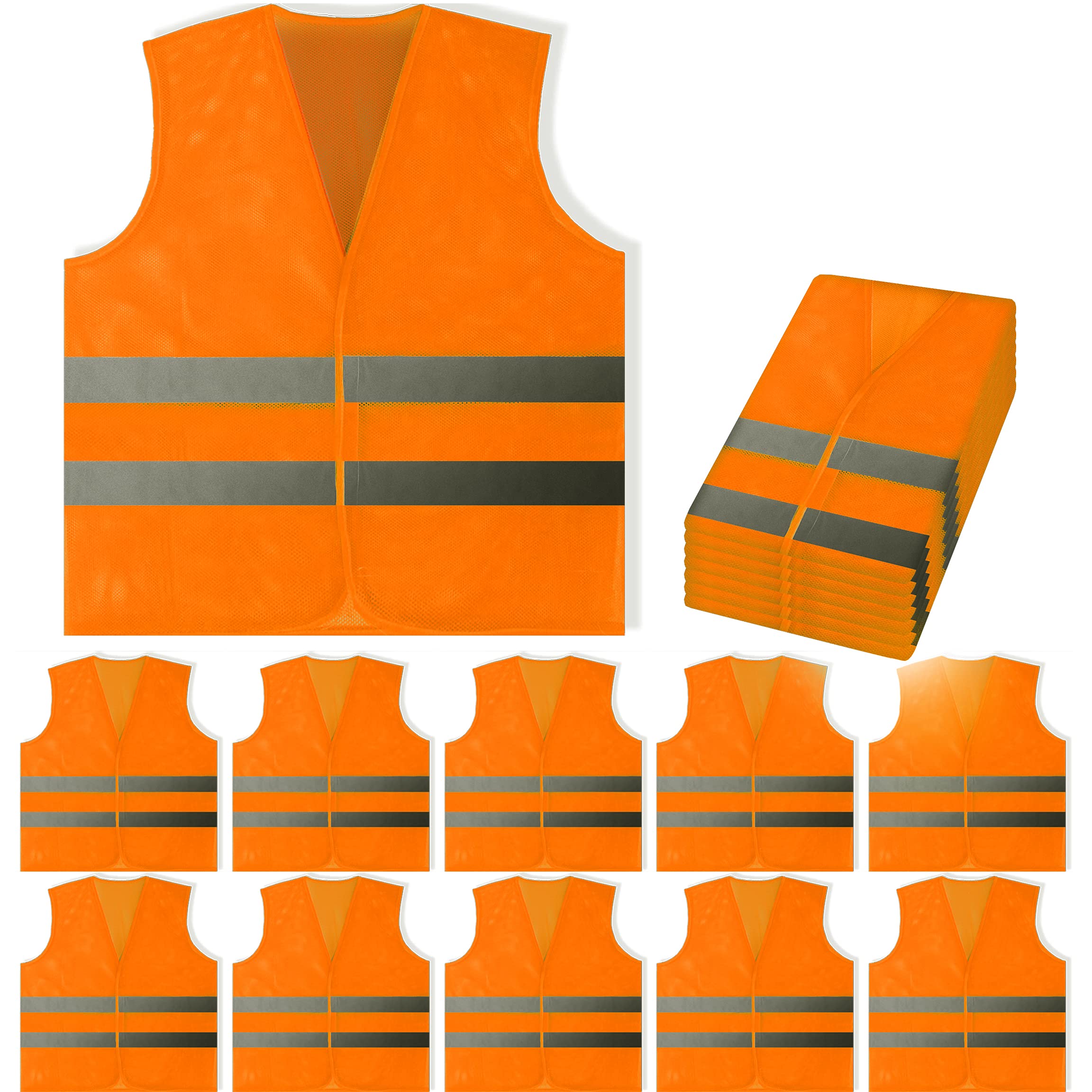 PeerBasics 10 Pack, Orange Reflective Safety Vest, Silver Strip Extra Large Orange Mesh