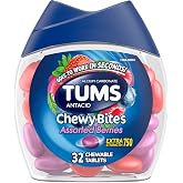 TUMS Chewy Bites Antacid Tablets, Assorted Berries, 32 Count | Extra Strength Formula, Neutralizes Acid Instantly for Indigestion and Upset Stomach, Multi-Symptom Relief, Gluten Free