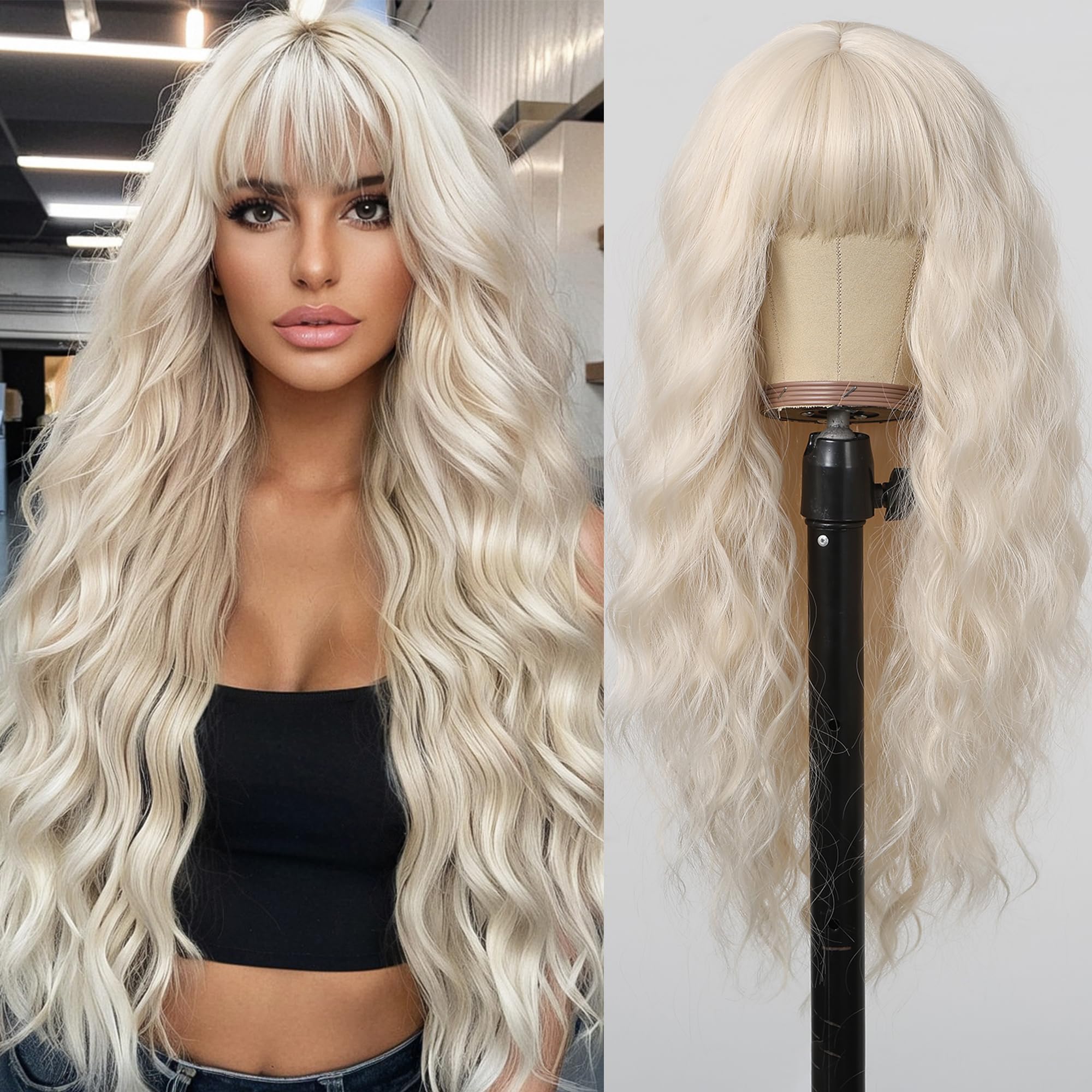 Testar Platinum Blonde Wig with Bangs - Heat Resistant Synthetic Curly Fiber Wig for White Women - 26IN