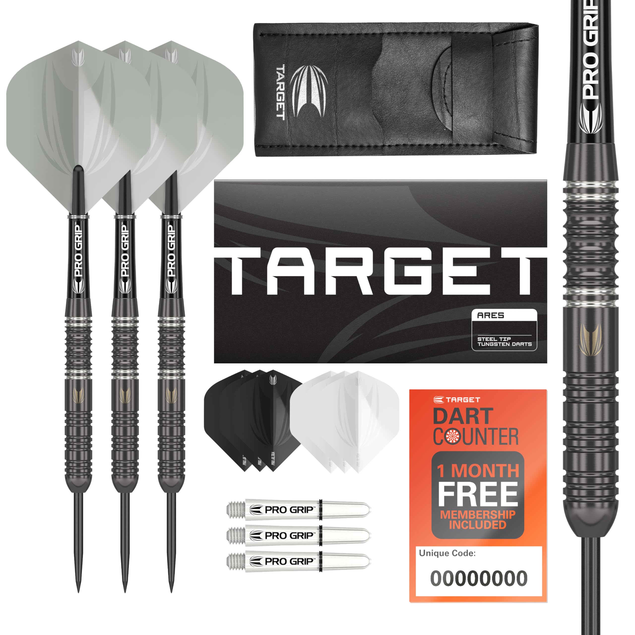 Target Darts Ares 22G 80% Tungsten Steel Tip Darts Set - 6 Pro Grip Shafts - 9 Pro Ultra Flights - Dart Wallet Bundle