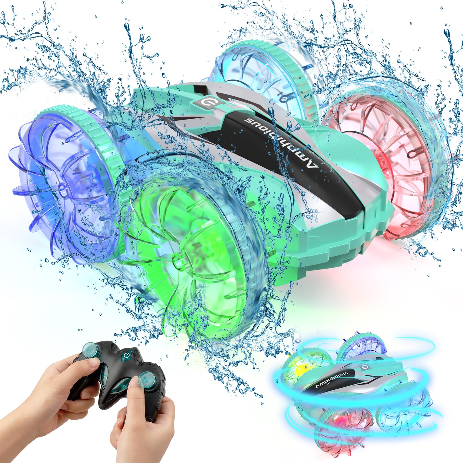 Yerloa Amphibious Remote Control Car for Kids, 2.4 GHz RC Toy, 360° Rotating Stunt Vehicle, Waterproof All-Terrain With LED Lights, Water Beach Pool Toys Gift for Boys Girls