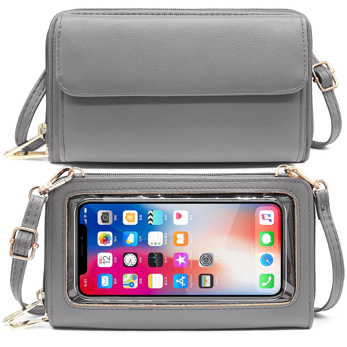 HNOOM Women's Cross Body RFID Blocking Cell Phone Purse Wallet - Crossbody Shoulder Bag Wristlet with Shoulder & Wrist Strap Fits Phone Under 6.9 Inch (Gray)