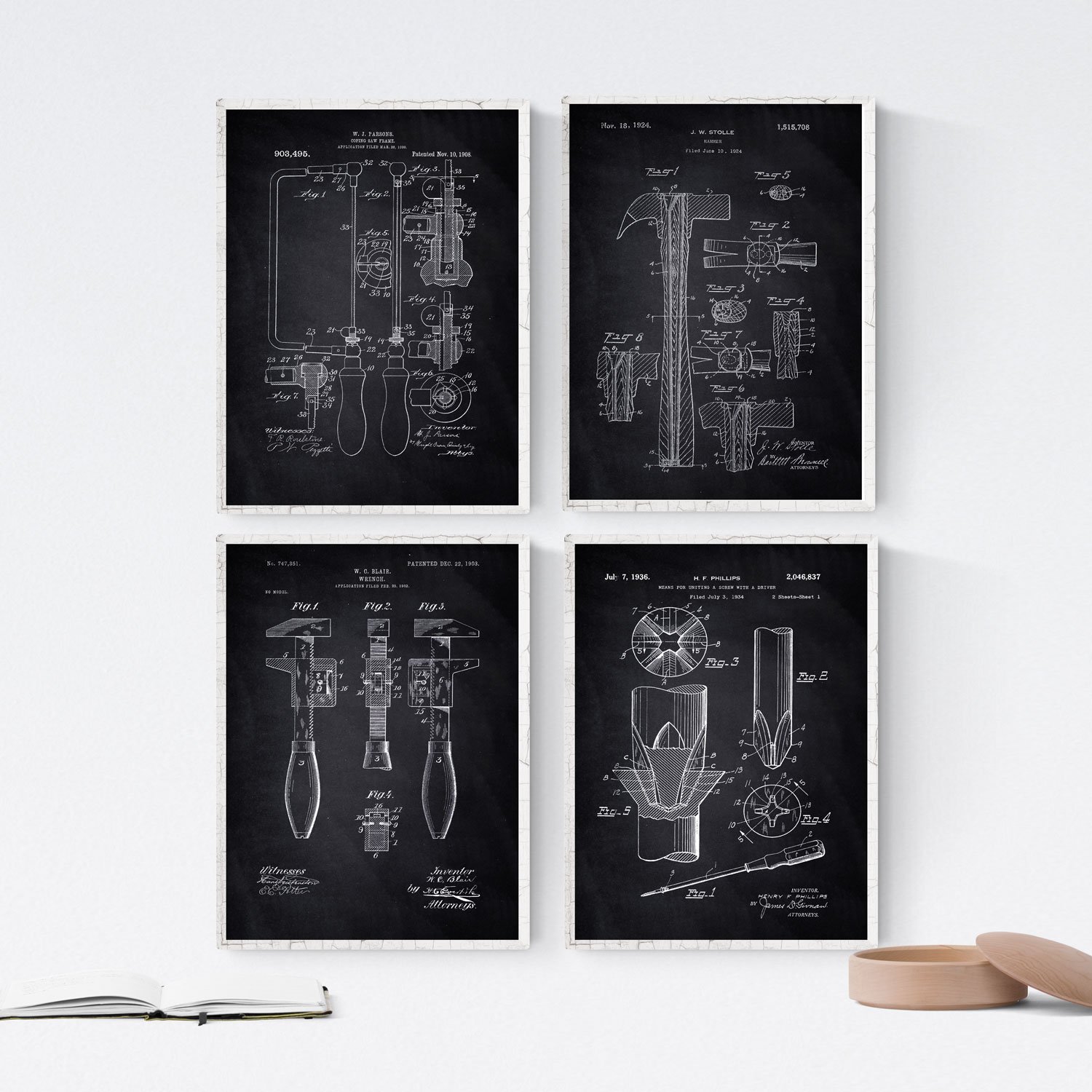 Nacnic BLACK - Pack 4 blade with tool patents. Set posters with inventions and old patents. Choose the color you like. Printed on 250 grams — image 1