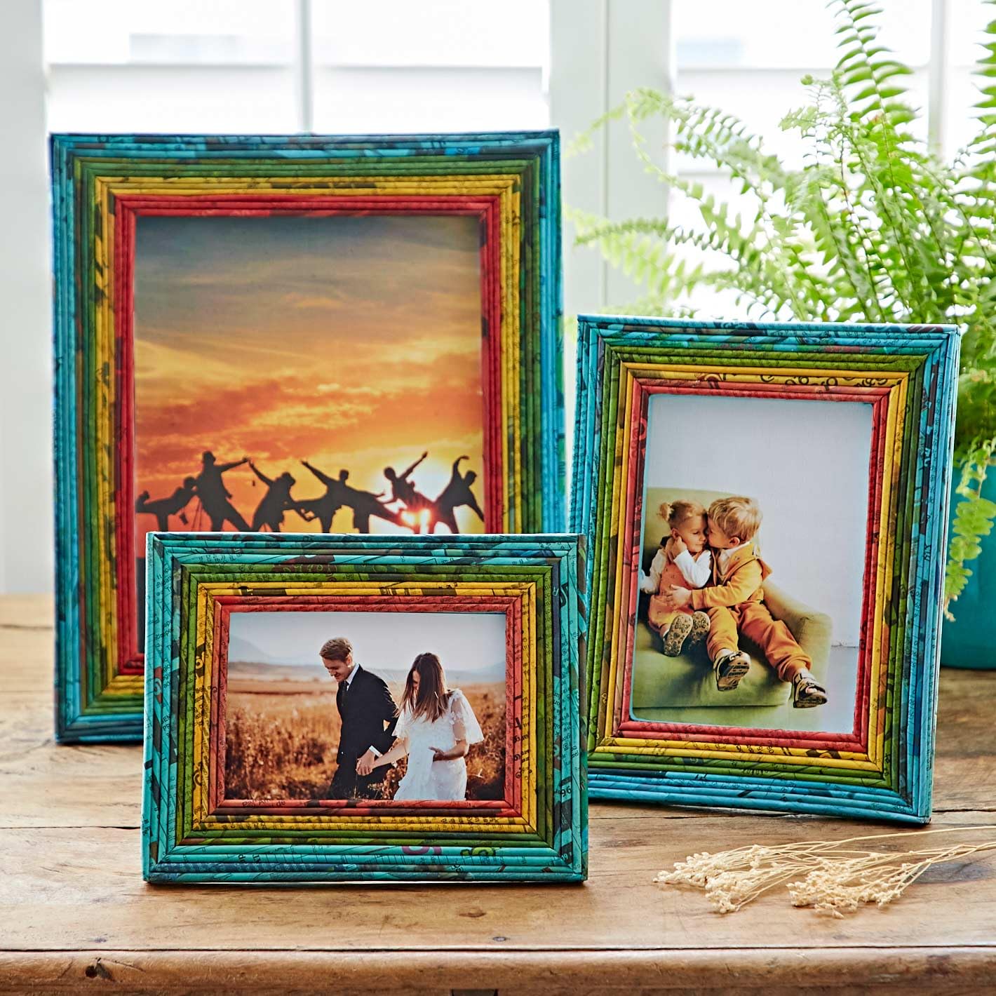 Recycled Newspaper Photo Frame | 6 x 4, 7 x 5 and 10 x 8 Inches | Sustainable Picture Frame | Handmade Colourful Frames | Fair Trade Gifts (Blue/Green/Yellow/Red, To fit a 10x8 Photo) — image 1