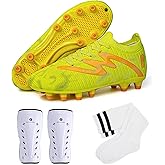 brooman Kids Firm Ground Soccer Cleats Boys Girls Football Shoes with Shin Guards and Soccer Socks