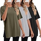 Huukeay 3 Pack Women's Oversized Gym T Shirts Short Sleeve Side Split Crewneck Tops Casual Summer Workout Baggy Basic Tee