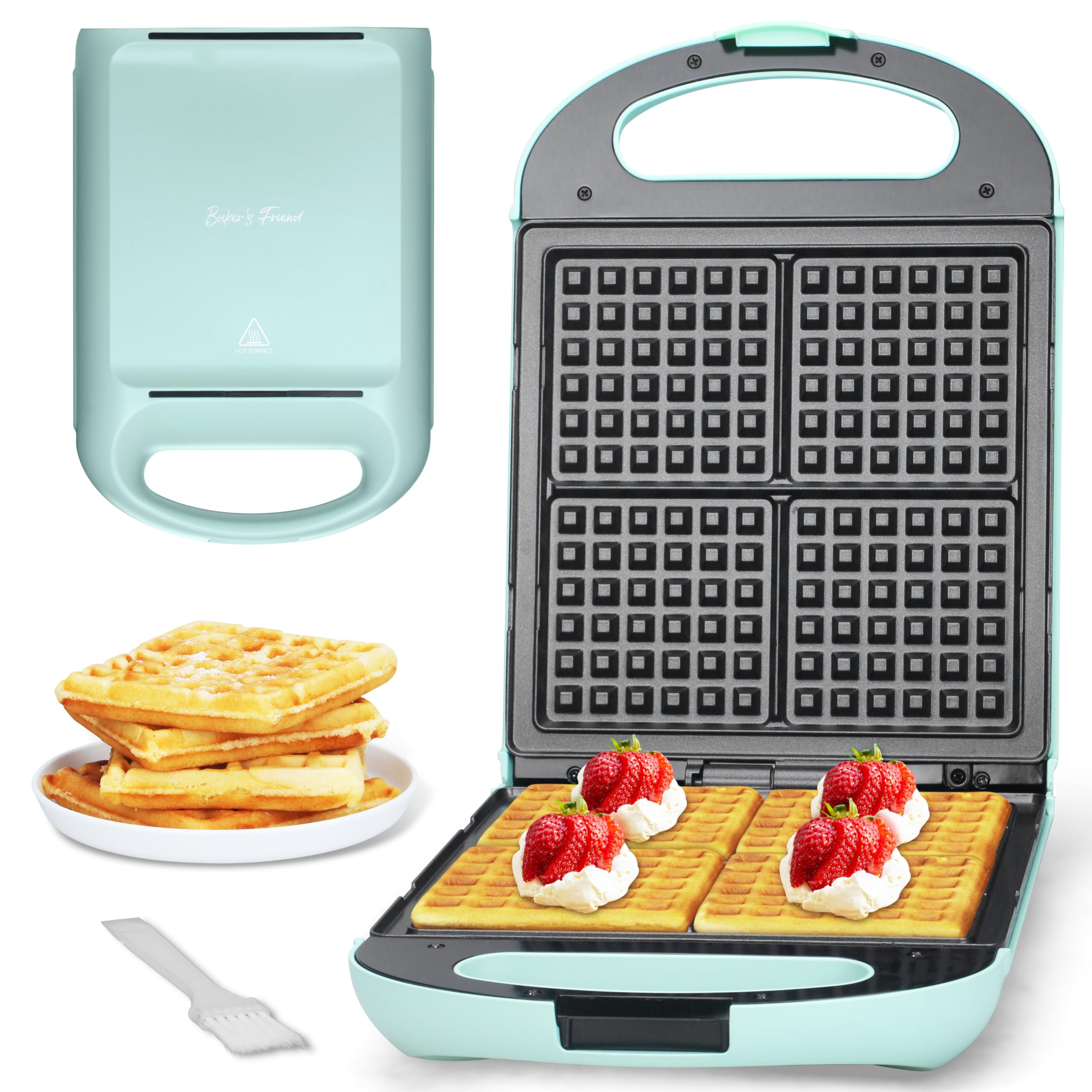 Photo 1 of Baker’s Friend Belgian Waffle Maker, Square Waffle Iron, Waflera Electrica, Non Stick Cooking Plate, Classic & Multi Waffle Makers, 4-Slice, Aqua