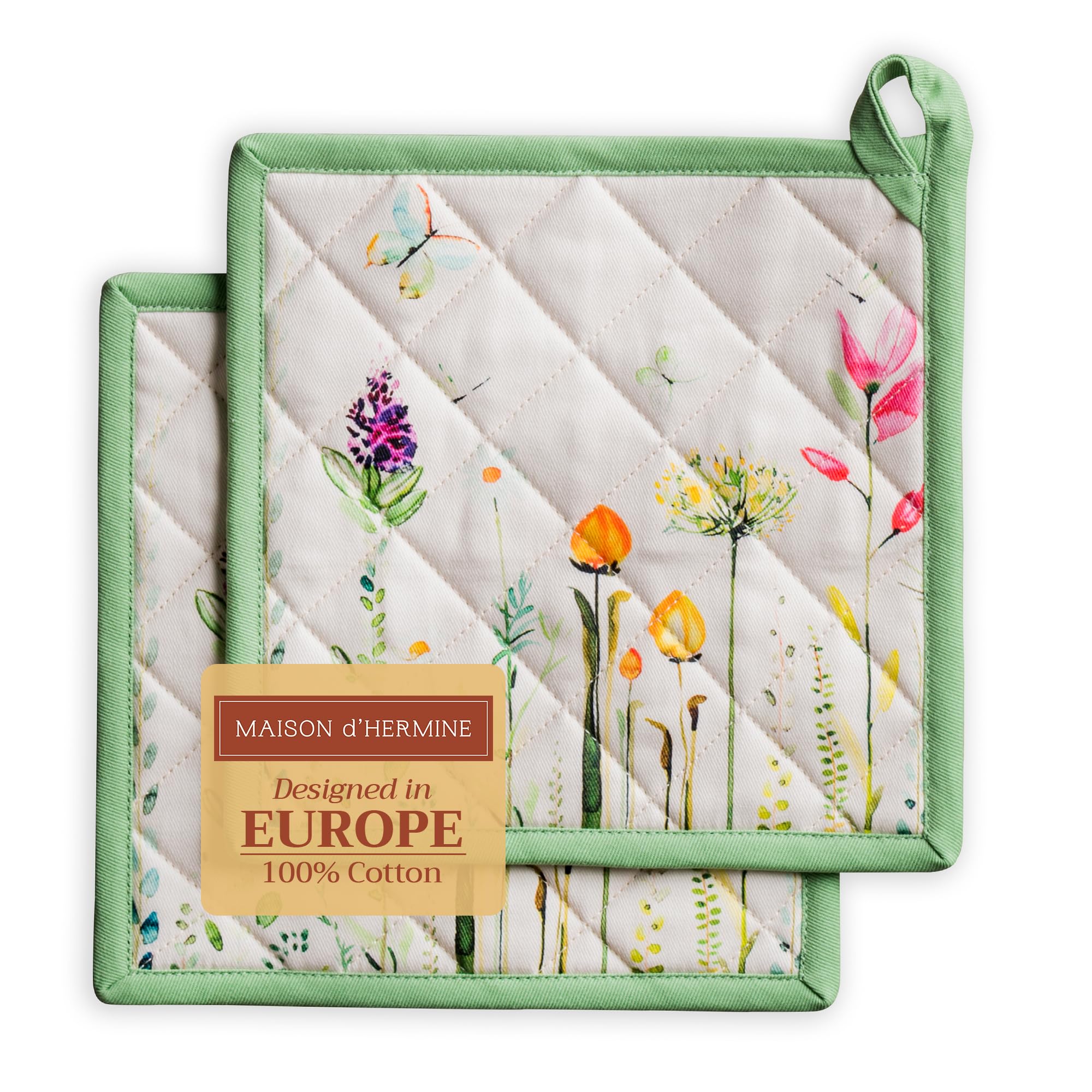 Maison d' Hermine Pot Holders Set 100% Cotton Heat Resistant Potholders 20 cm x 20 cm Hot Pads with Loop for BBQ Cooking Baking Handling Hot Pans Gifts for Mothers Day (Pack of 2, Botanical Fresh)