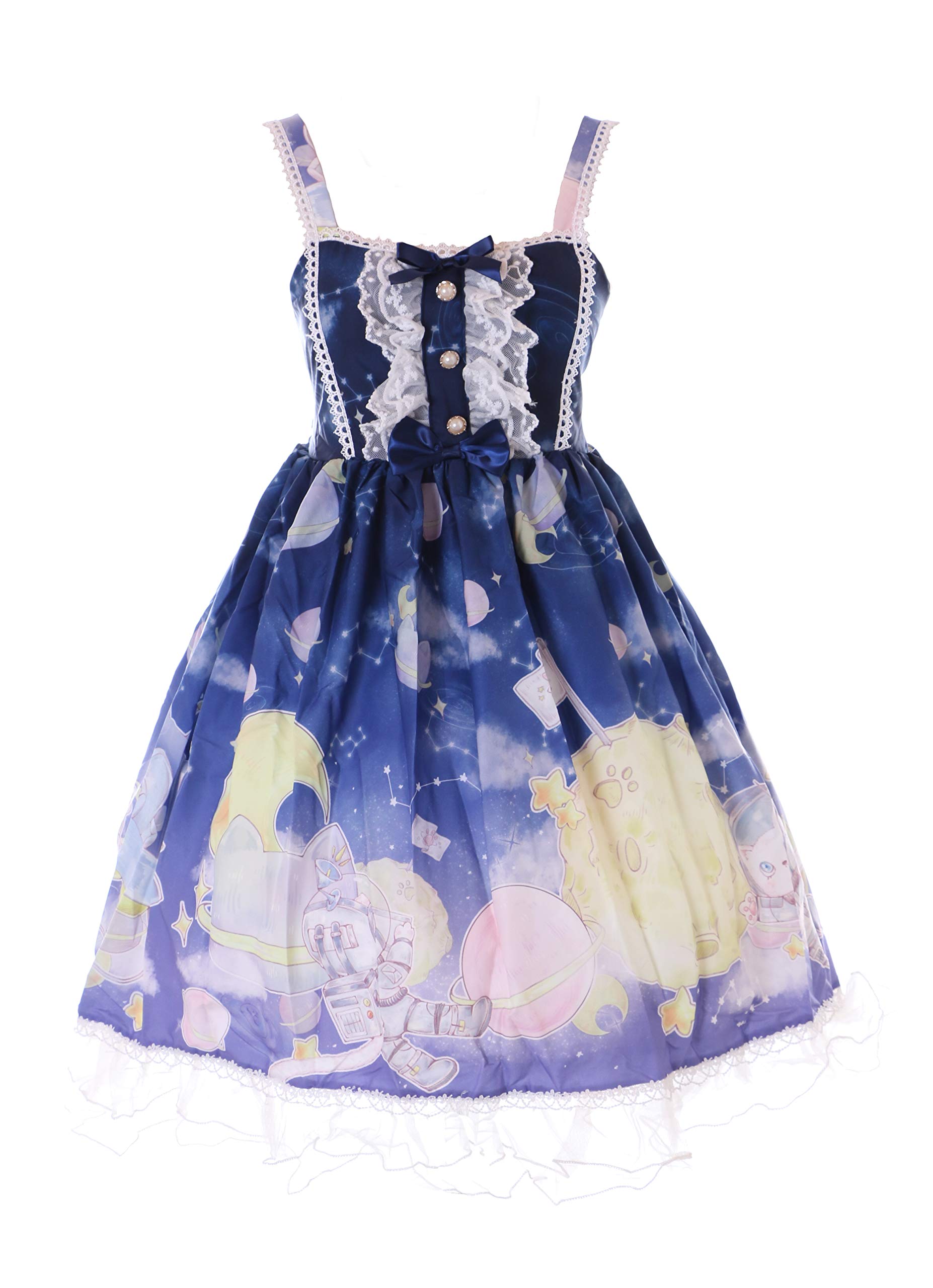 JSK-73-2 Blue Cat UFO Astronaut Moon Bow Strap Dress Pastel Goth Lolita Cosplay Costume Kawaii