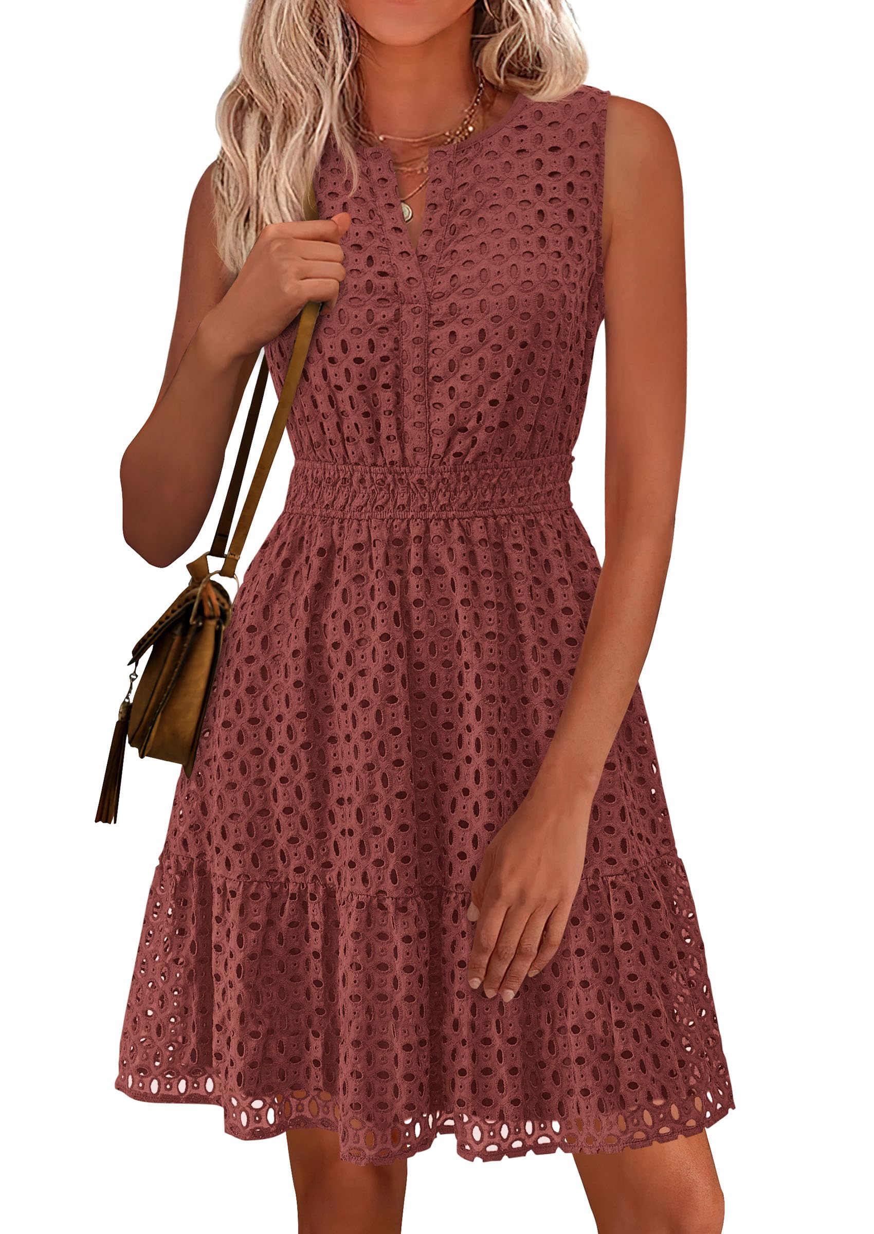 PRETTYGARDEN Women's Summer Dresses 2026 Sleeveless V Neck Eyelet Hollow Out Swing A Line Beach Vacation Sun Dress (Brown,X-Large) Image