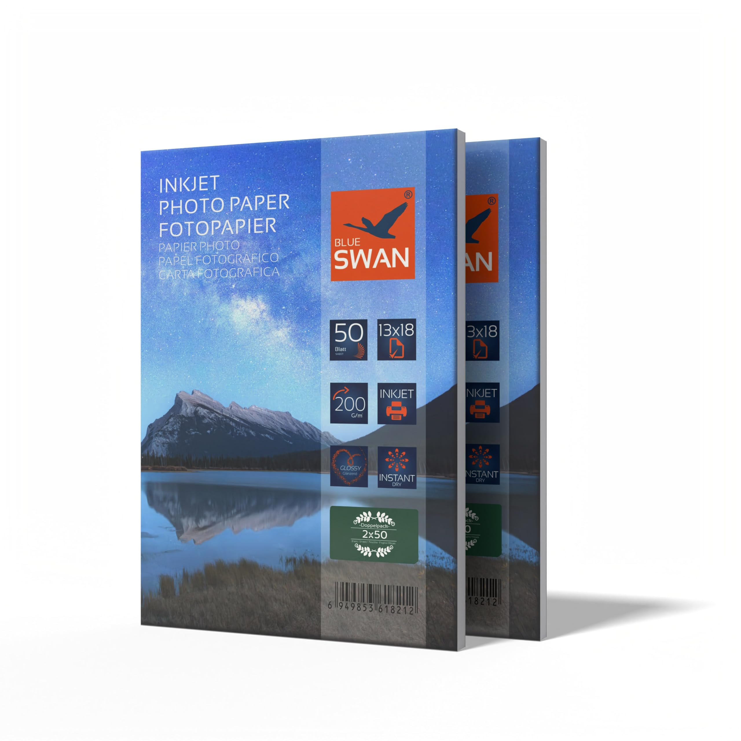 BLUE SWAN 13×18 cm Glossy Photo Paper, 200gsm, 100 Sheets (2×50) – Water-Resistant, Quick Dry, Scratch-Resistant, High Colour Brilliance – Compatible with Canon HP Epson Brother Inkjet Printers