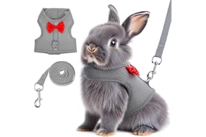 LARREL Rabbit Harness and Leash Set,Bunny Leash for Walking Escape Proof,Bunny Clothes with Cute Bow Mesh Breathable Adjustable Vest Rabbit Harness Camping Hiking Training for Ferret Kitten Puppy (Grey M)
