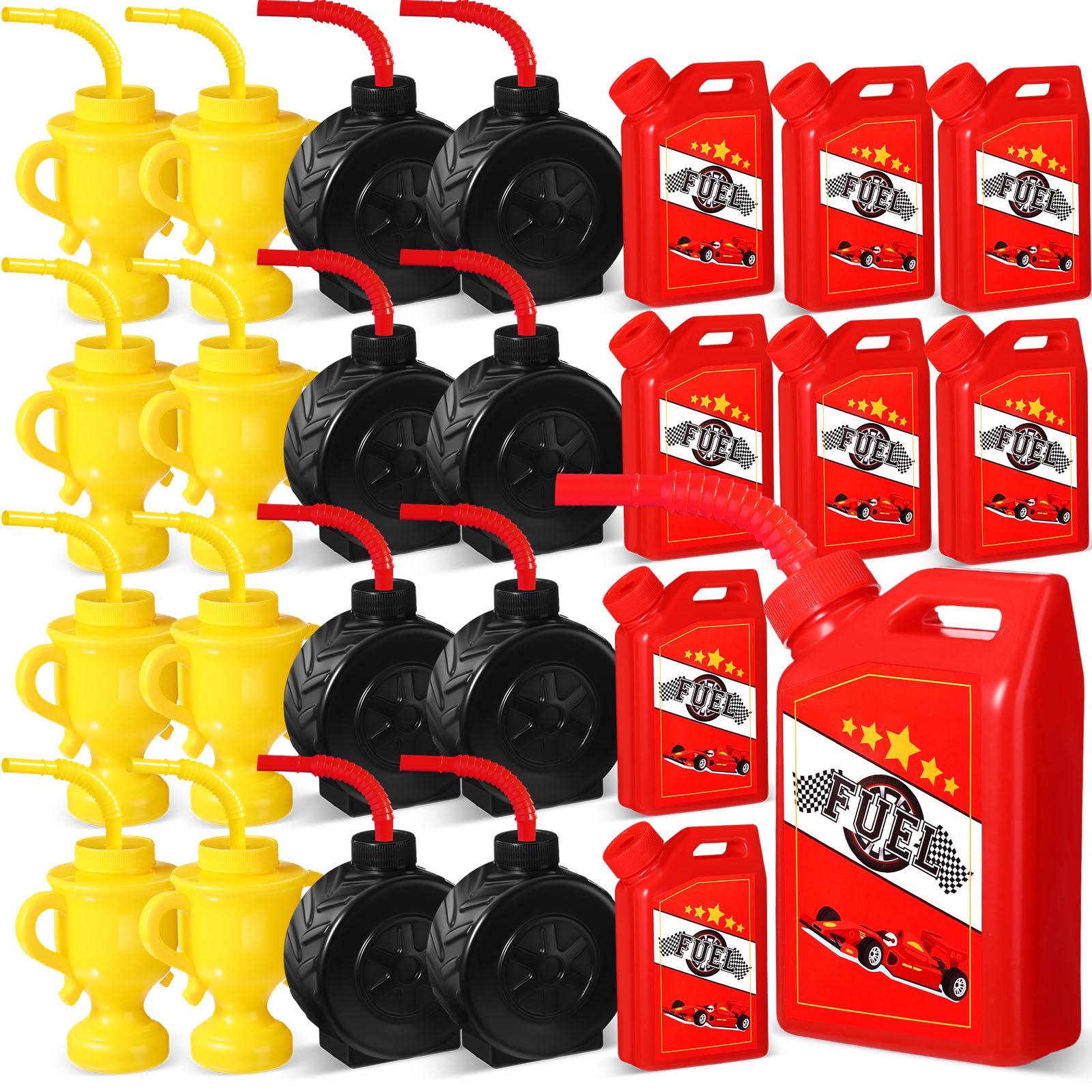 Photo 1 of ***Missing items***Mifoci 24 Pcs Race Car Cups with Straws Plastic Traffic Tire Shaped Cup Red Race Car Fuel Cups Yellow Trophy Cups Race Car Party Supplies for Racing Car Construction Birthday Party Decoration