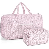 Bulyoou 2 Pack Floral Travel Duffel Bag Large Quilted Travel Duffle Bag and Floral Makeup Pouch Portable Gym Lightweight Weekender Organizer with Zipper Pockets Grocery Pouch for Women(Pink)