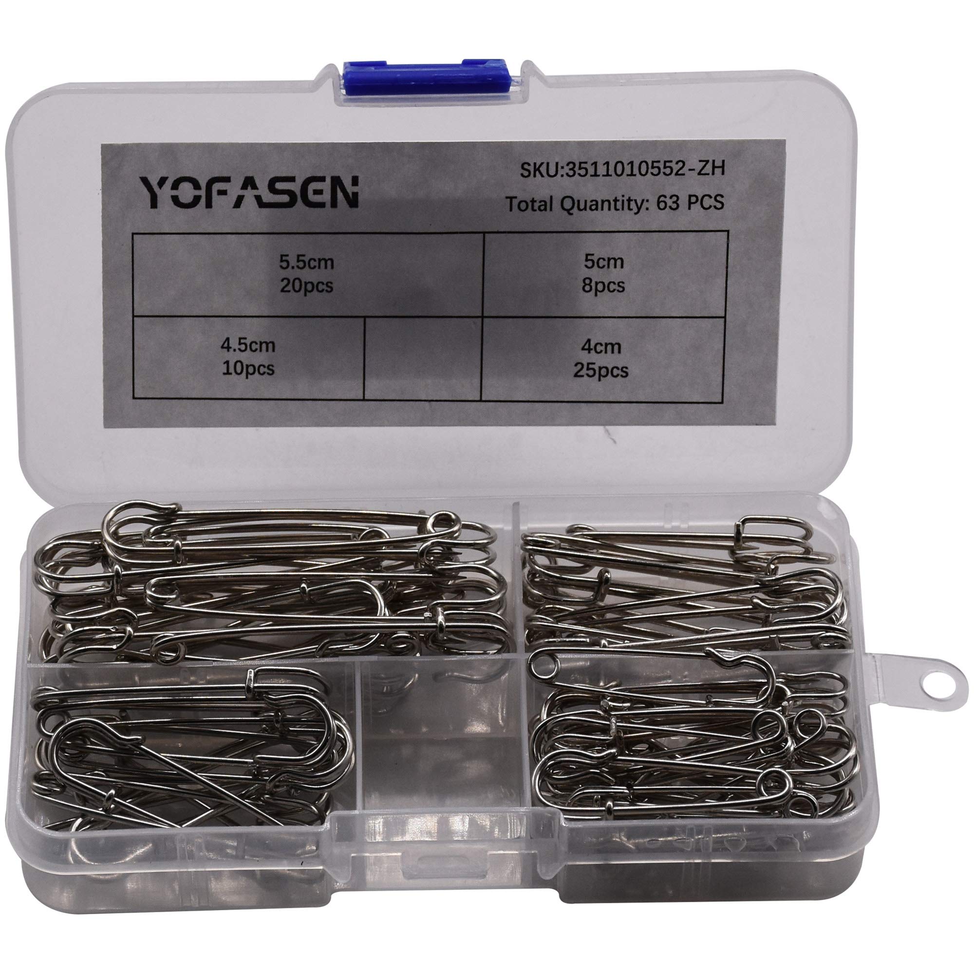 YOFASEN Large Metal Safety Pins - Fastener Clothing Clips Tool for DIY Sewing Craft Making with Storage Box, 4Sizes, 63PCS