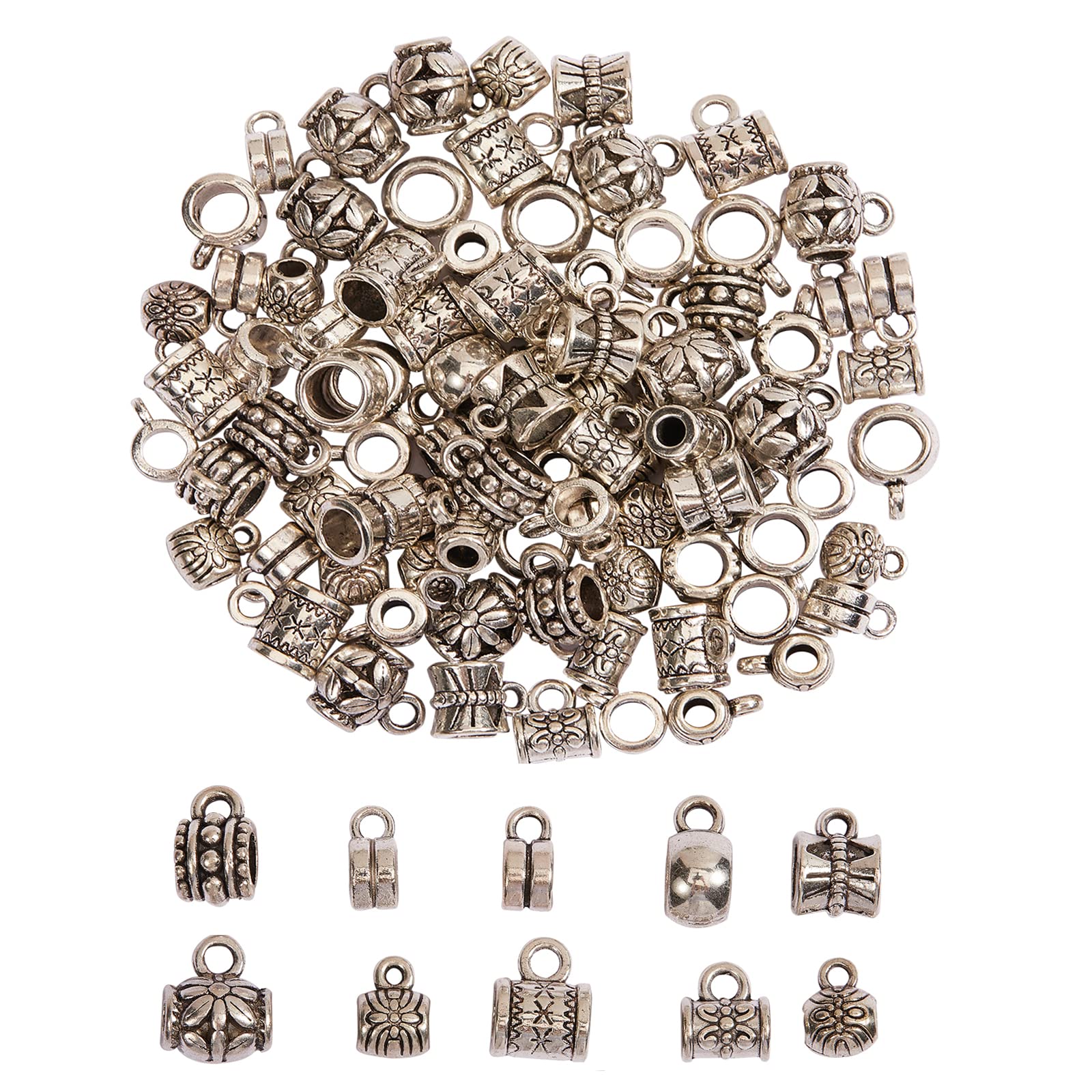 Airssory 100Pcs 10 Styles Tibetan Style Hanger Links Column Dangle Bail Beads Charm for Unique DIY Jewellery Making Crafts Accessories - 10x7mm — image 1