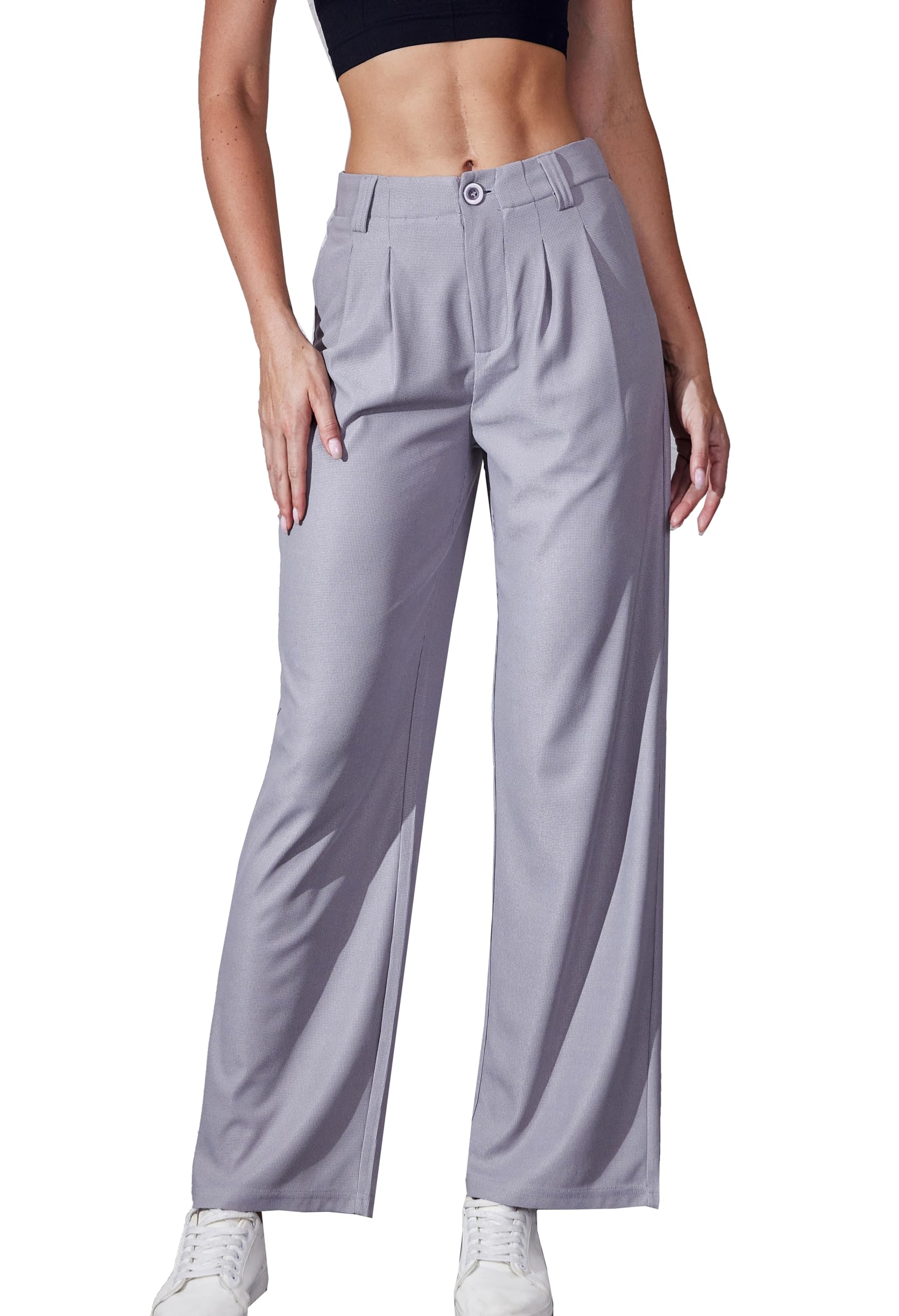 Photo 1 of Women's Waffle Knit Pants Wide Leg Dress Pants Plicated Casual Slacks Work Trousers 27"/29" Grey Light