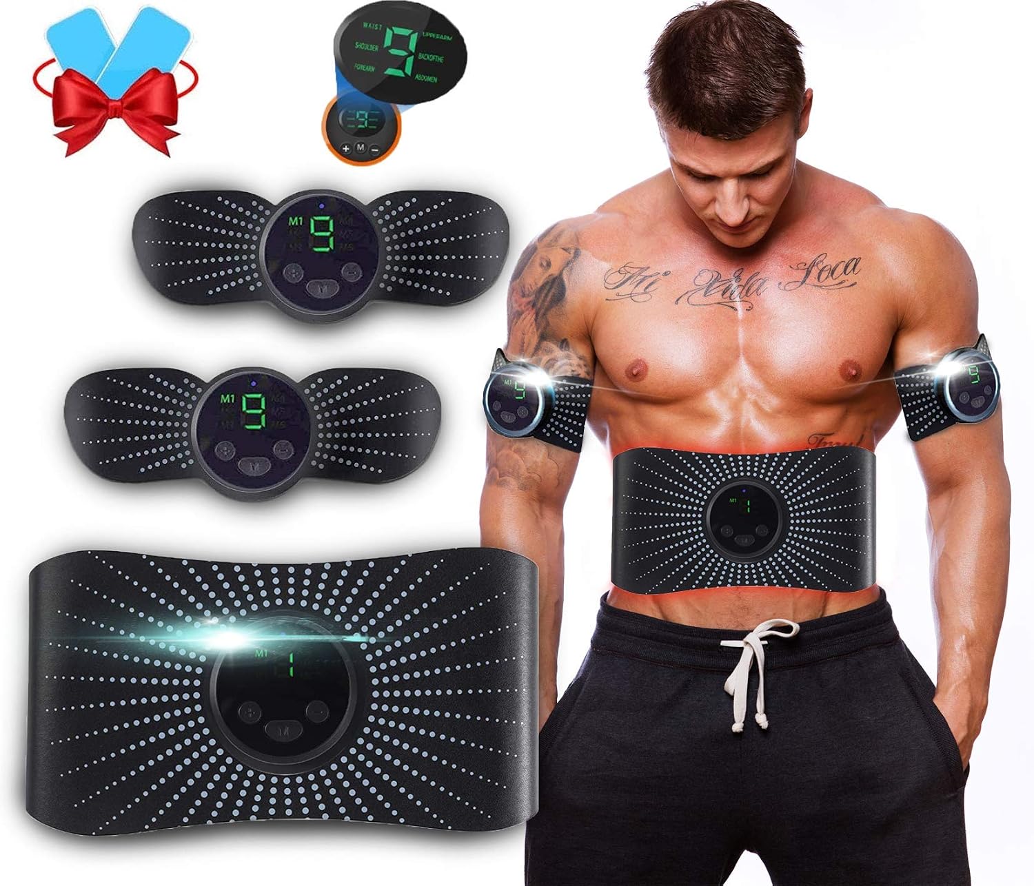 Elettrostimolatore Muscolare EMS - Cintura Addominale E Fasce Per Braccia/Gambe, 6 Modalità, 18 Intensità, Ricarica USB