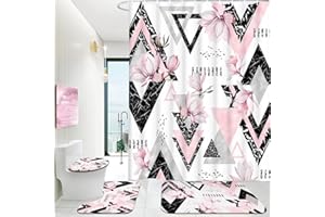 Alishomtll 4 Pcs Pink Marble Shower Curtain Sets with Rugs, Black and White Bathroom Set, Floral Bathroom Sets with Shower Curtain and Rugs, Modern Abstract Shower Curtain Set for Bathroom Decor Sets