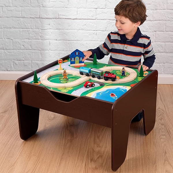 KIDKRAFT 2-IN-1 REVERSIBLE TOP ACTIVITY TABLE WITH 200 BUILDING BRICKS AND 30-PIECE WOODEN TRAIN SET, ESPRESSO, GIFT FOR AGES 3+