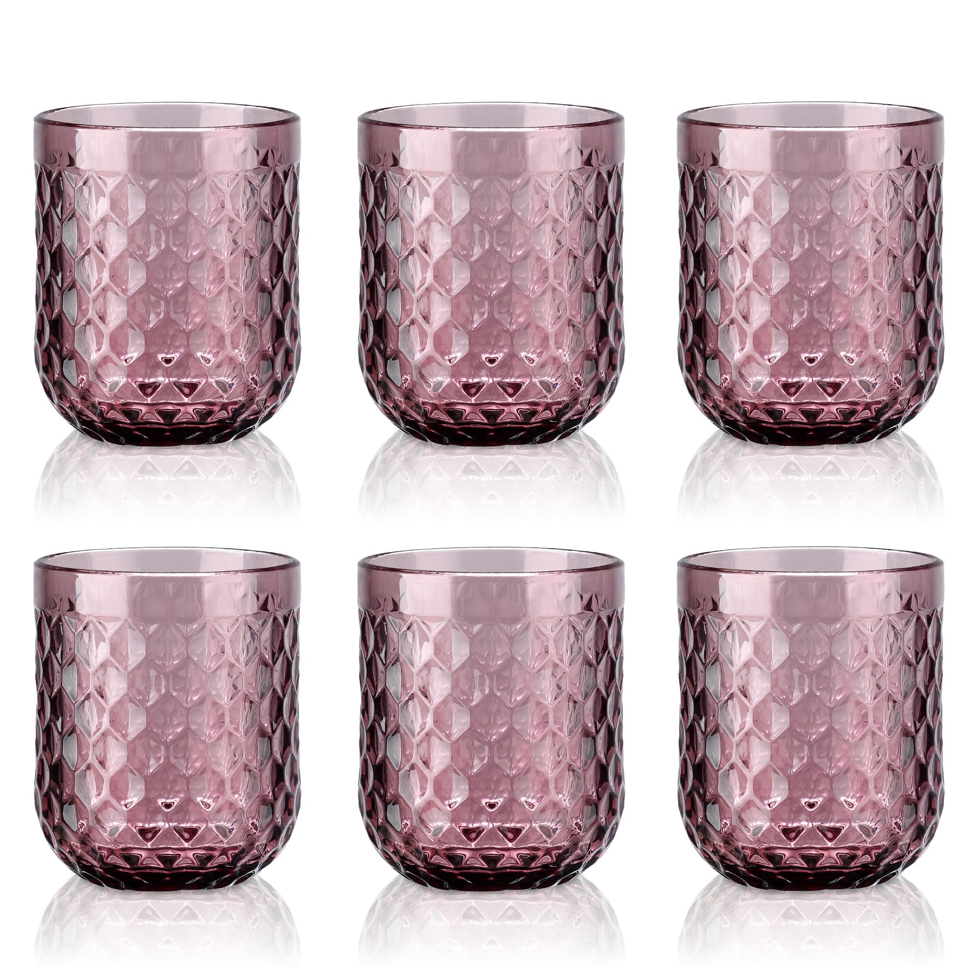 Joeyan 200ml Purple Vintage Drinking Glasses,Embossed Water Glasses Tumblers,Colored Romantic Glass Cup with Diamond Design,Glassware Set for Juice Beverages Cocktail,Set of 6,Dishwasher Safe