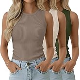 Velvelhall 3 Pack Women's Ribbed Tank Tops Sleeveless Cotton Casual Knit Slim Shirts Crew Neck Summer Basic Tops