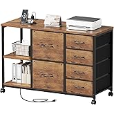 6 Drawer File Cabinet with Charging Station Rolling Printer Stand with Open Storage Shelf Fabric Lateral Filing Cabinet for H
