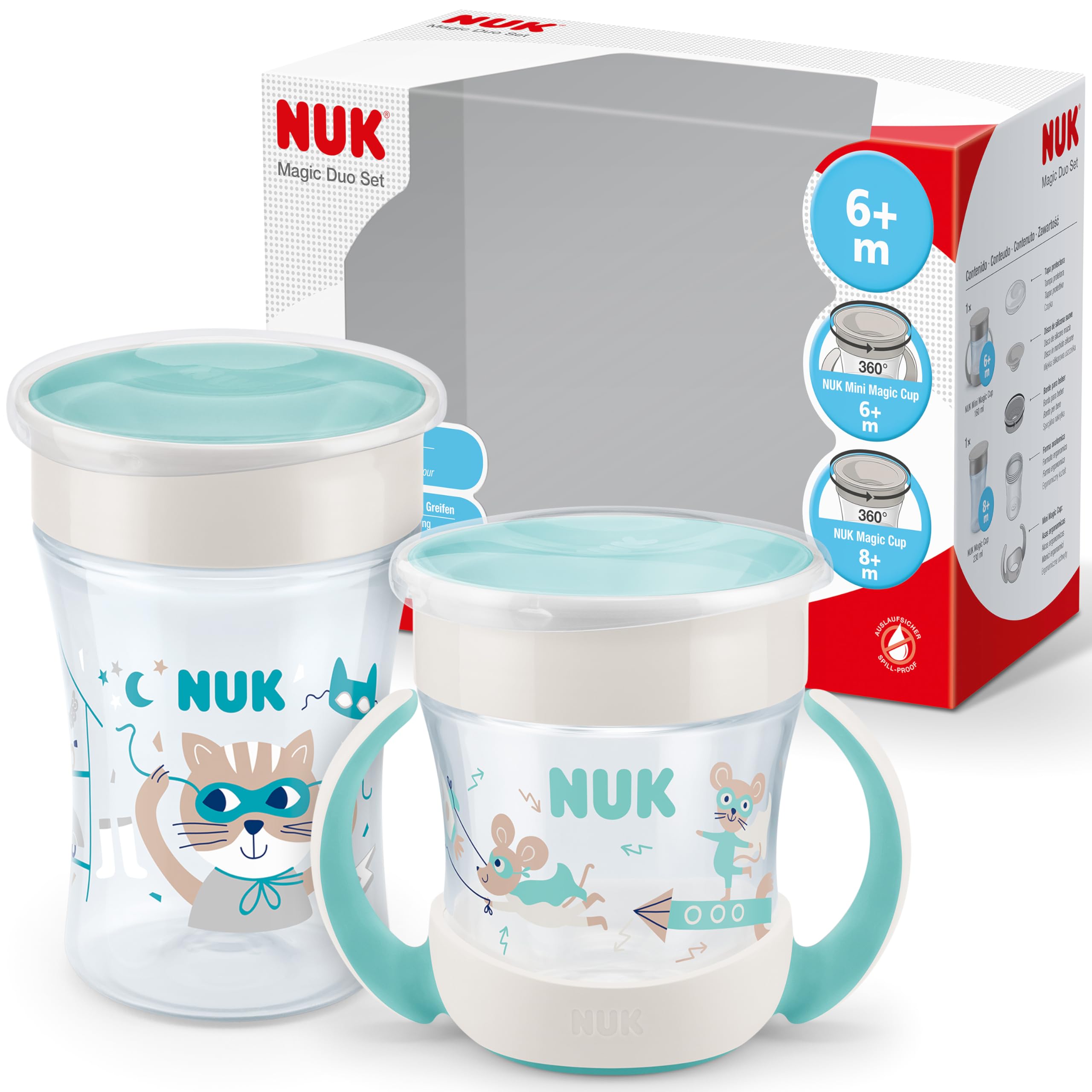 NUK Magic Cup & Mini Magic Sippy Cup Duo Set | 360° Anti-Spill Rim | 6+ Months | Leak-Proof & BPA-Free | 160 ml & 230 ml | Mint