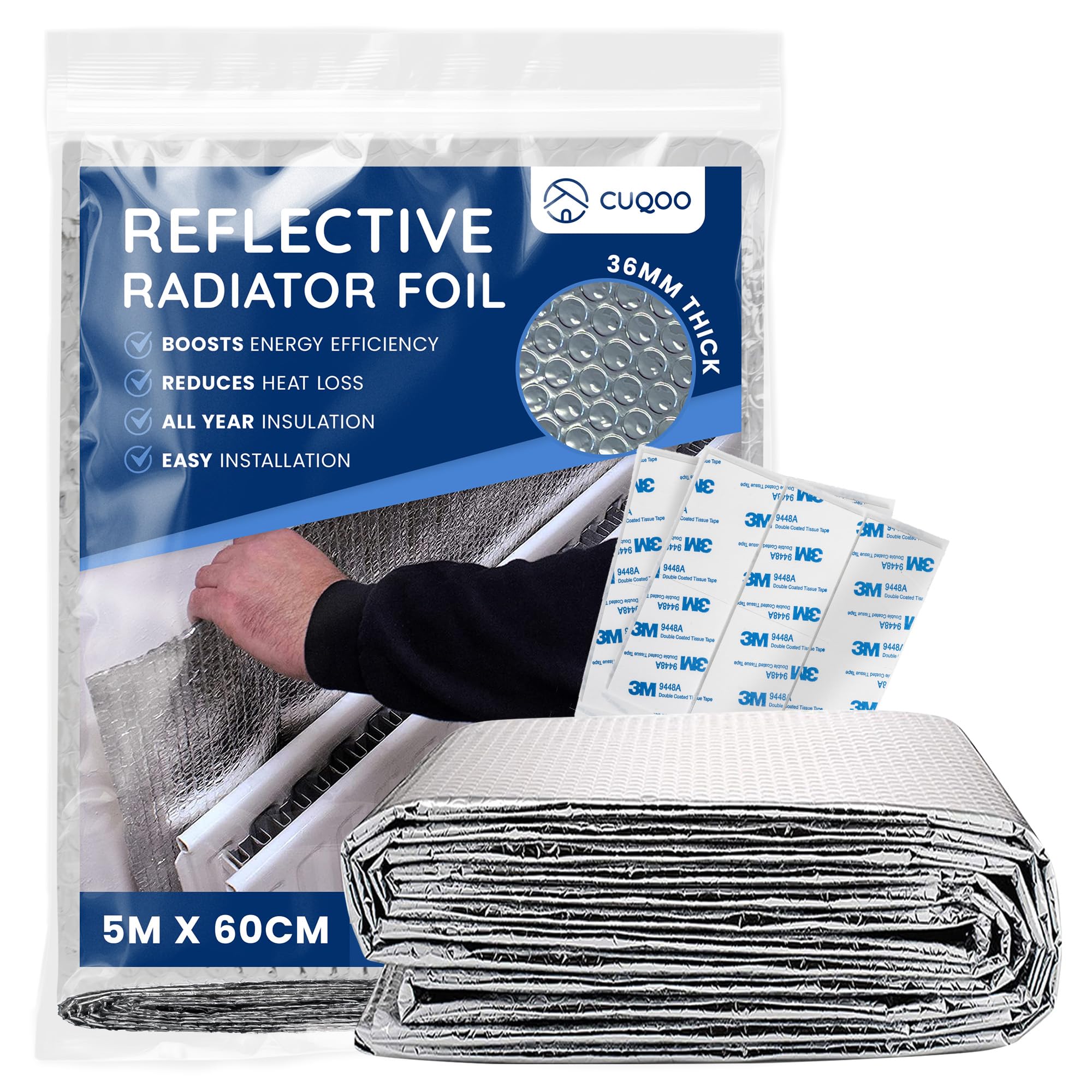 CUQOO Radiator Foil Reflector Roll 5 m × 60 cm – Thermal Reflective Radiator Insulation Foil & Heat Deflector Panel, Radiator Backing Foil, Energy‑Saving Self‑Adhesive Radiator Reflector