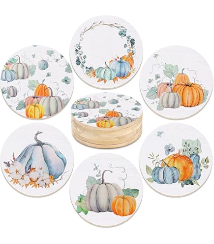 Whaline Fall Pumpkin Coasters - 4-Pack Ceramic Drink Coasters With Watercolor Autumn Harvest Designs