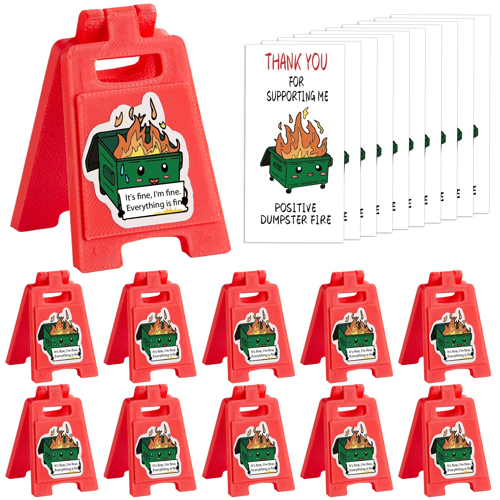 Photo 1 of 10 Set Dumpster Fire Gift Bulk Funny Desk Accessories Mini Everything's Fine Sign with Emotional Support Card Back to School Student Positive Gifts Employee Appreciation for Teacher Staff Office Decor