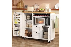knoworld Rolling Kitchen Island with Storage Cabinet, 41.3'' Width Kitchen Cart with Desktop Drop Leaf Countertop, Portable Mobile Island with Towel Rack, Spice Rack Shelf, White