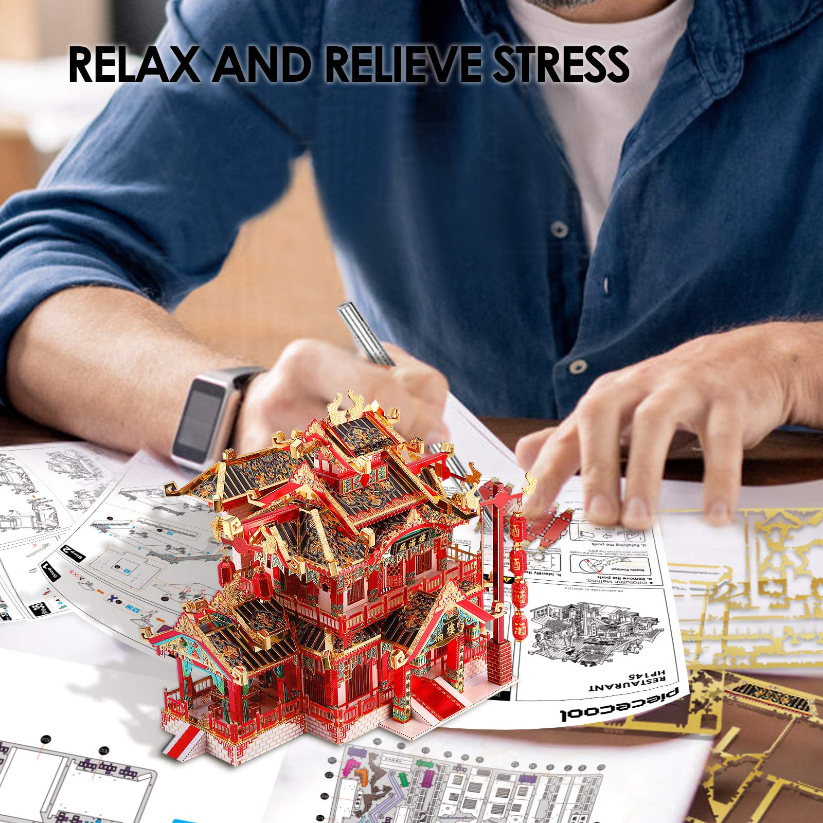 Piececool 3D Puzzles for Adults Metal Model Kits, Chinese Ancient Reataurant 3D Metal Puzzle, Traditional Architecture Building Puzzle DIY, Great Gift Idea-215 Pcs