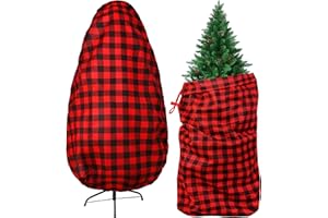 MIMIND Large Christmas Tree Storage Bag Oversized Red and Black Buffalo Plaid Tree Cover Container with Drawstring & Buckle 9 x 6 Feet Non-Woven Upright Tree Storage Bag for Trees up to 9 Feet Tall