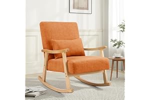 SAETSFEG Mid Century Modern Rocking Chair with Lumbar Pillow, Upholstered Nursery Glider Chair Rocker, Solid Wood Frame Nursing Chair for Bedroom Living Room Small Space, Orange