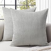 Softalker Decorative Throw Pillow Covers 18x18, Set of 2 Soft Corduroy Striped Boho Solid Pillow Cover, Modern Farmhouse Home Decor House Warming Gifts for Couch Sofa Bed Living Room, Light Grey