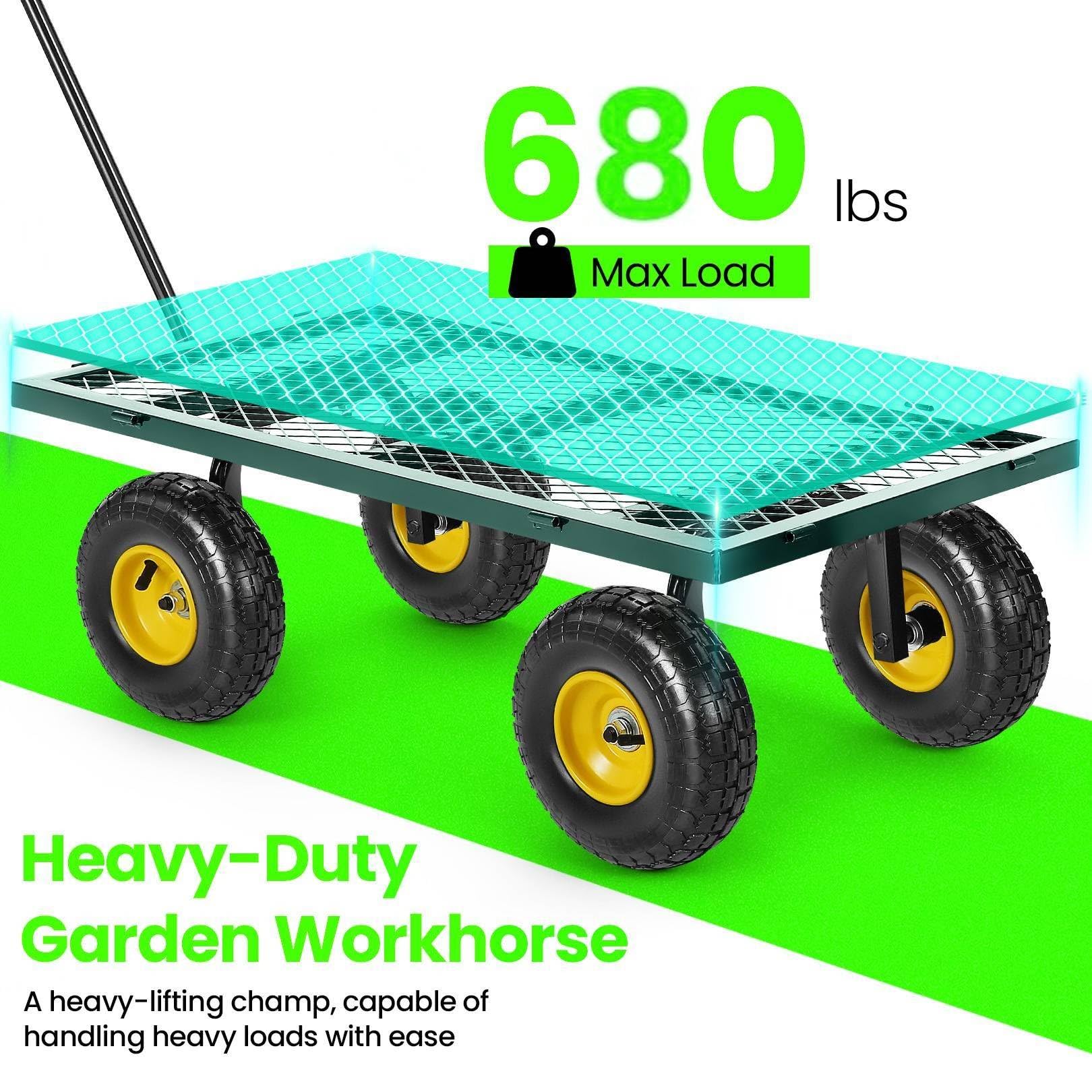 TEANDE 680Lb Garden Cart with Removable Mesh Sides to Convert into Flatbed, Utility Metal Wagon with 180° Rotating Handle, 10 inch Tires, Portable for Yard, Farm, Beach (Green, Without Oxford Cloth)