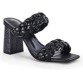 Syktkmx Womens Braided Heels Sandals Chunky Block Heel Double Strap Summer Dressy Sandal, Black, Size 11