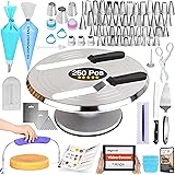 RFAQK 250 PCs Aluminum Cake Decorating Tools Kit with 12" Metal Turntable & Knife set-48 Numbered Icing Tips-3 Russian Piping