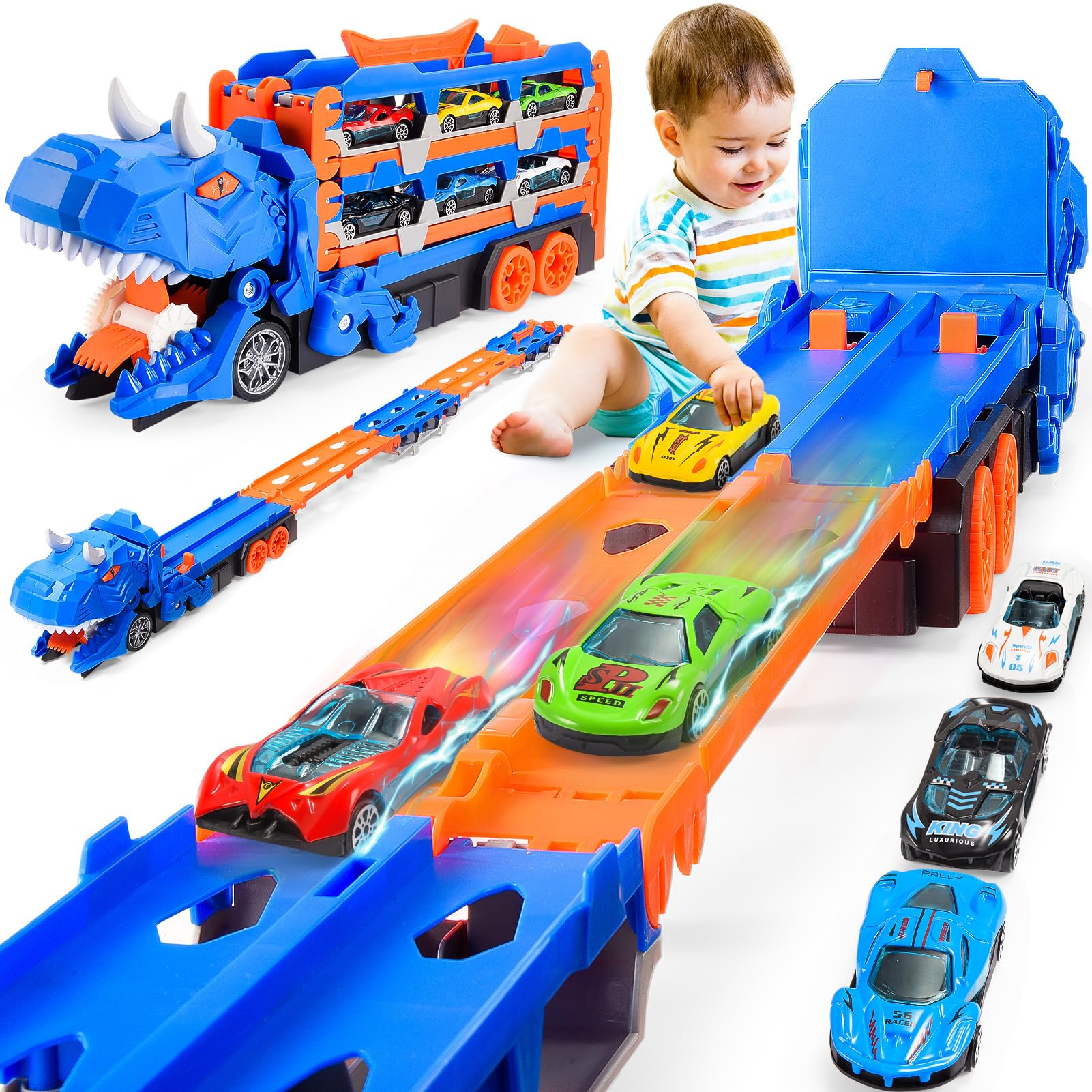 EUTOYZ Dinosaur Toys for 2 3 4 5 Year Olds Boys Gifts, Transport Race Truck Toy Cars for Boys Age 2 3 4 5 6 Year Olds Boy Kids Toy for Toddlers Boy Birthday Presents Dinosaur Race Truck with 6 Cars