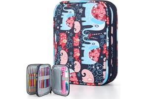 Katech Portable Travel Crochet Storage Bag Organizer with Zipper, Web Pocket and Crochet Holder Slots for Knitting Accessories (Elephant Pattern)