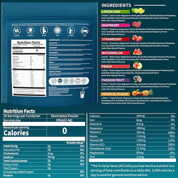 OZENKE ELECTROLYTES POWDER PACKETS, HYDRATION PACKETS, ELECTROLYTES POWDER NO SUGAR, PORTABLE ELECTROLYTE DRINK MIX FOR RAPID HYDRATION, SUGAR FREE & LOW SODIUM | 0 CALORIE | 7 FLAVORS | 20 STICKS