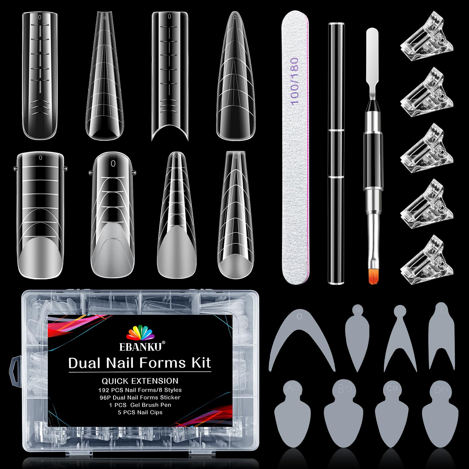 EBANKU 192PCS Clear Dual Nail Forms System - Full Cover Mold Tips, Acrylic Extension With 96PCS Stickers, Clips, Gel Brush, PE File for Art Salon Design (8 Styles)