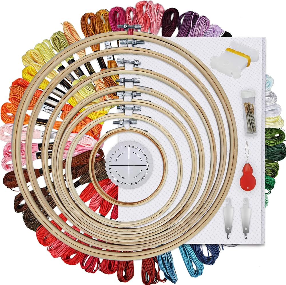 HAUSPROFI Embroidery Starter Kit 50 Colours 7 Bamboo Hoops Kumihimo Disk