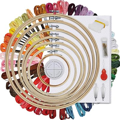 HAUSPROFI Embroidery Starter Kit 50 Colours 7 Bamboo Hoops Kumihimo Disk