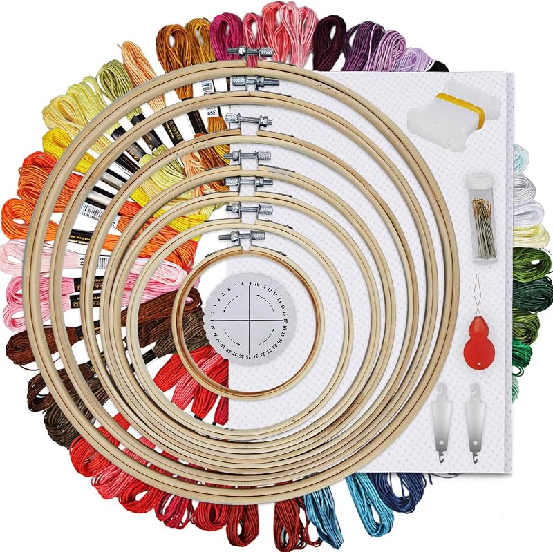 HAUSPROFI Embroidery Starter Kit 50 Colours 7 Bamboo Hoops Kumihimo Disk