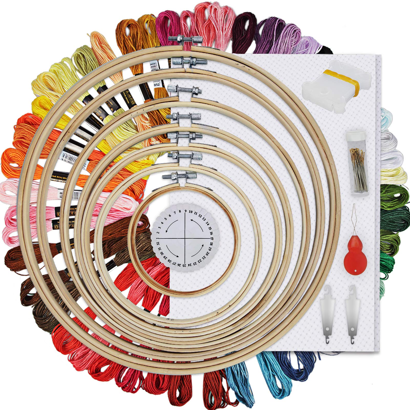HAUSPROFI Embroidery Starter Kit - Cross Stitch Kit Including 50 Colours, 30 Needles, 7 Bamboo Frames, Kumihimo Disk, Cross Stitch Fabric