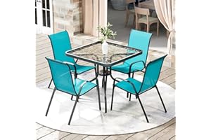 Arlopu 5 Piece Outdoor Patio Dining Set (Umbrella not Included), Porch Furniture with 4 Textline Chairs, 1 Square Glass Table for Garden, Backyard and Poolside, Lawn (Blue)