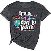 It’s a Beautiful Day for Learning T-Shirt for Women Teacher Life Shirts Gifts Reading Book Lover Casual Short Sleeve Top Tees