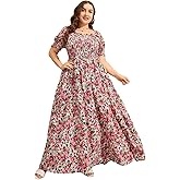 MakeMeChic Women's Plus Size Summer Floral Maxi Dresses Curvy Short Sleeve Shirred Boho Beach Wedding Long Dress